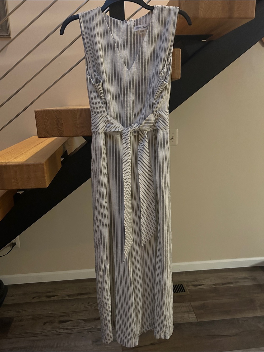 Calvin Klein Striped Sleeveless Jumpsuit in White and gray